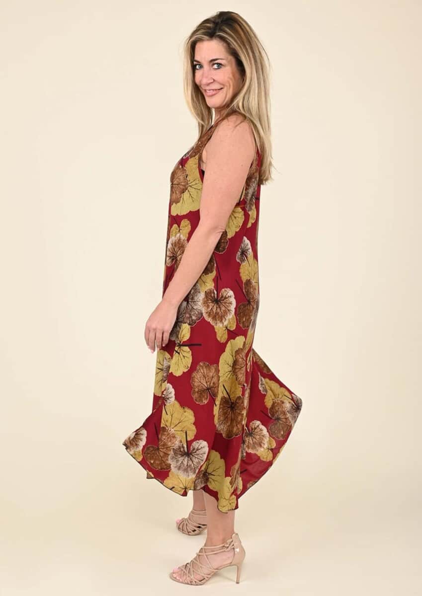 Tamsy Red Leaf Print Sleeveless A-Line Dress - One Size Fits Most image number 2