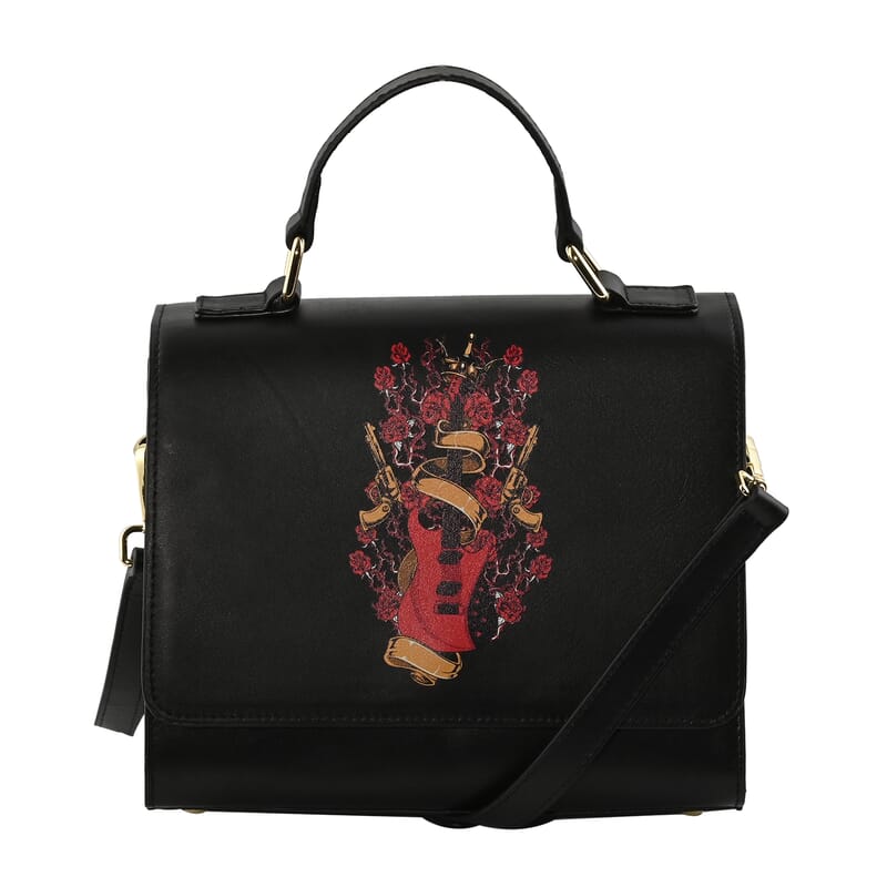 Black Color Red Guitar Pattern Genuine Leather Tote Bag