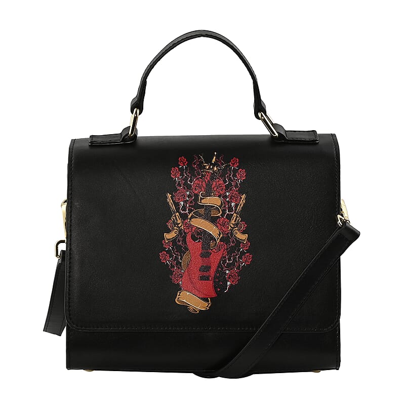 Black Color Red Guitar Pattern Genuine Leather Tote Bag