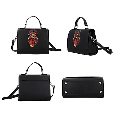 Black Color Red Guitar Pattern Genuine Leather Tote Bag