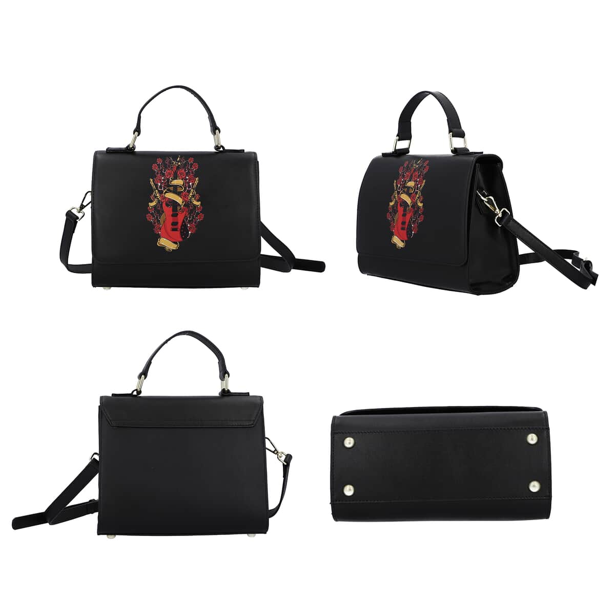 Set of 2 Black Color Red Guitar Pattern Genuine Leather Bag with Wallet image number 1