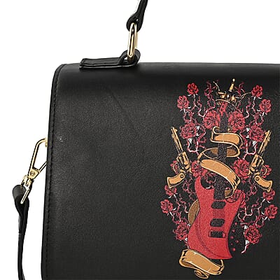Black Color Red Guitar Pattern Genuine Leather Tote Bag