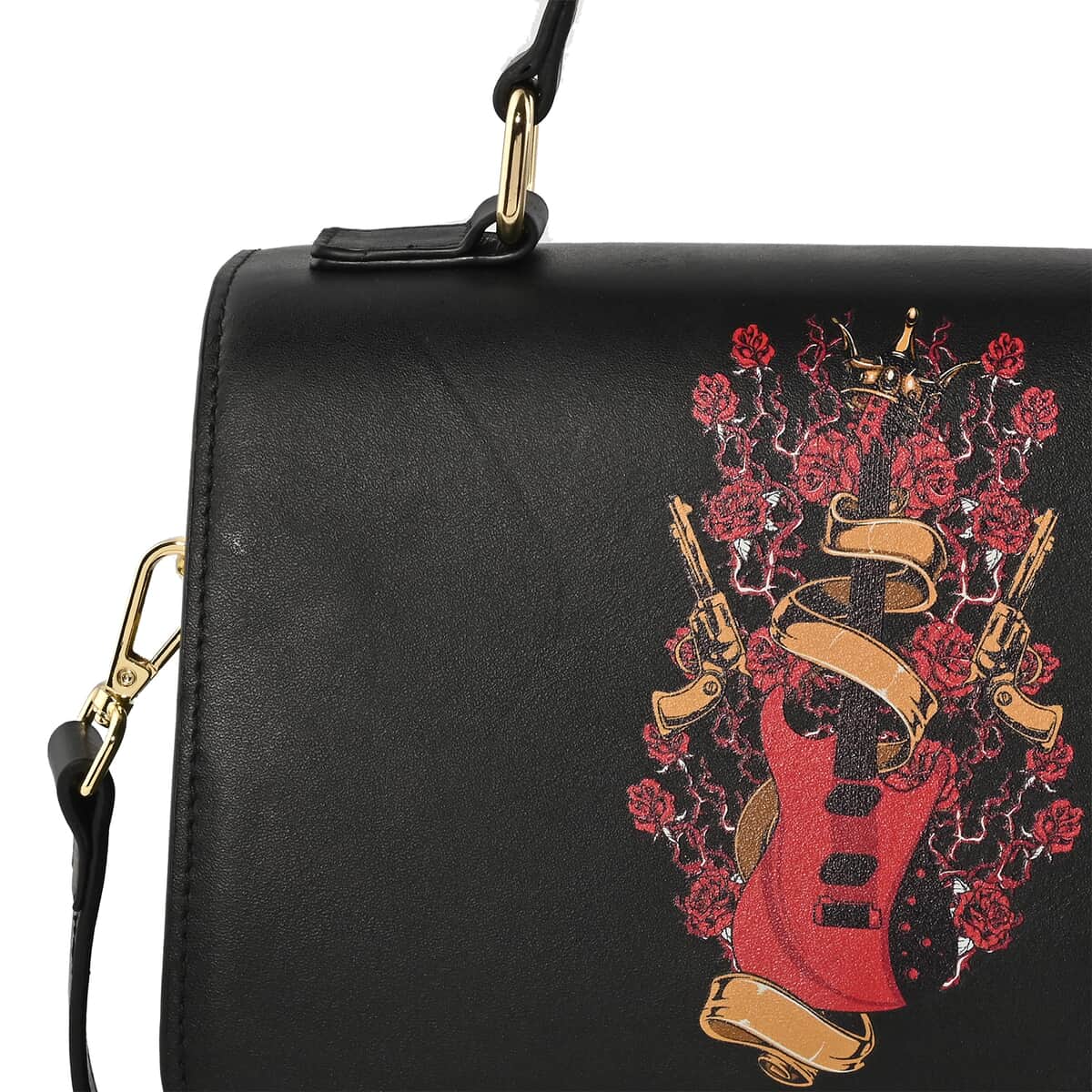 Set of 2 Black Color Red Guitar Pattern Genuine Leather Bag with Wallet image number 3