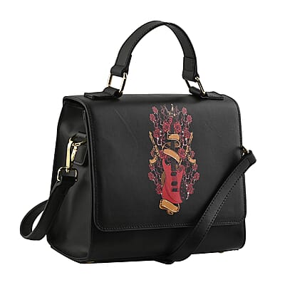 Black Color Red Guitar Pattern Genuine Leather Tote Bag