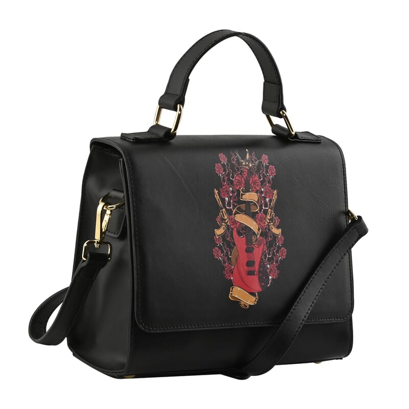 Black Color Red Guitar Pattern Genuine Leather Tote Bag