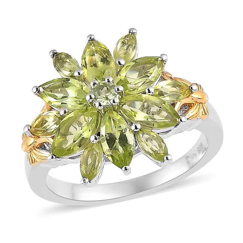 Premium Peridot Floral Ring in Vermeil Yellow Gold and Platinum Over Sterling Silver (Size 10.0) 2.20 ctw
