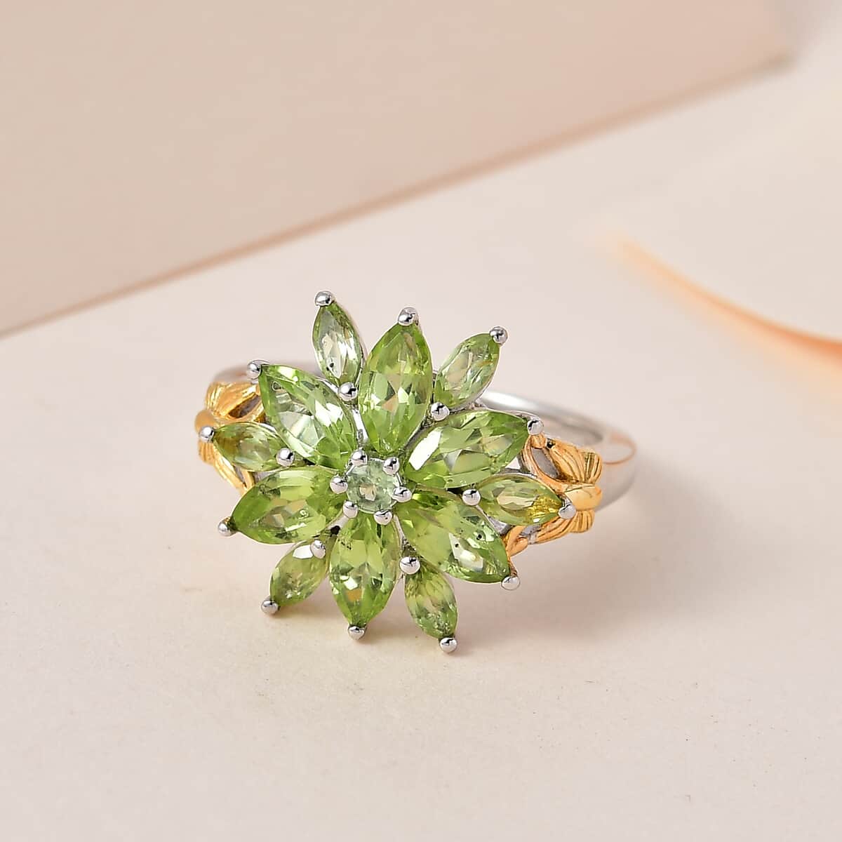 Premium Peridot Floral Ring in Vermeil Yellow Gold and Platinum Over Sterling Silver 2.20 ctw image number 1