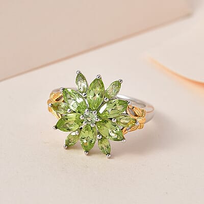 Premium Peridot Floral Ring in Vermeil Yellow Gold and Platinum Over Sterling Silver (Size 10.0) 2.20 ctw
