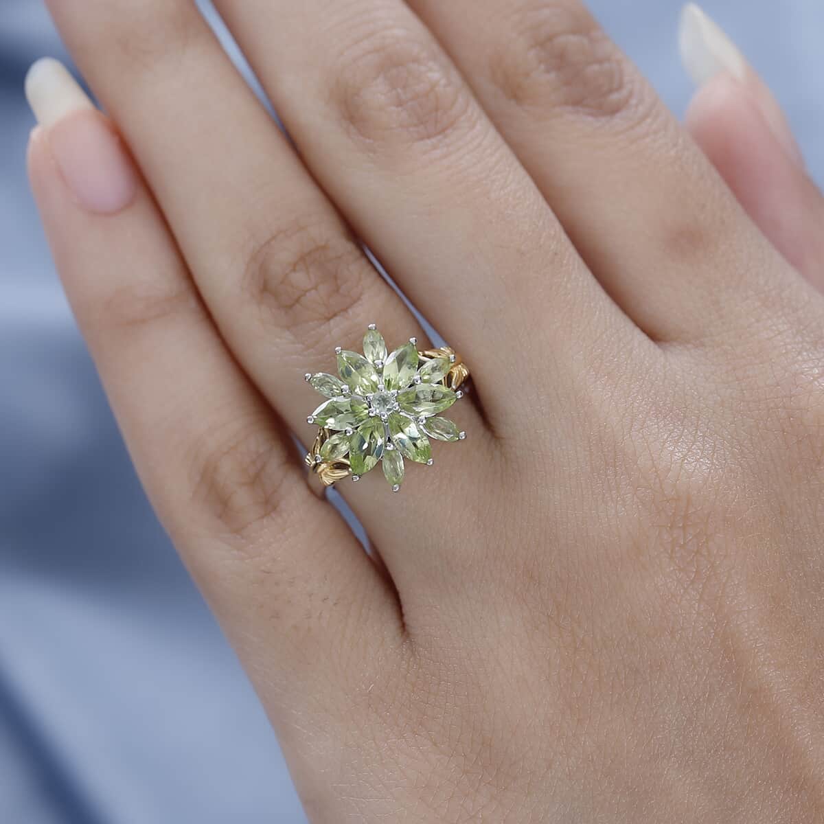 Premium Peridot Floral Ring in Vermeil Yellow Gold and Platinum Over Sterling Silver 2.20 ctw image number 2