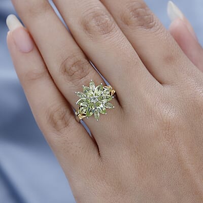 Premium Peridot Floral Ring in Vermeil Yellow Gold and Platinum Over Sterling Silver (Size 10.0) 2.20 ctw