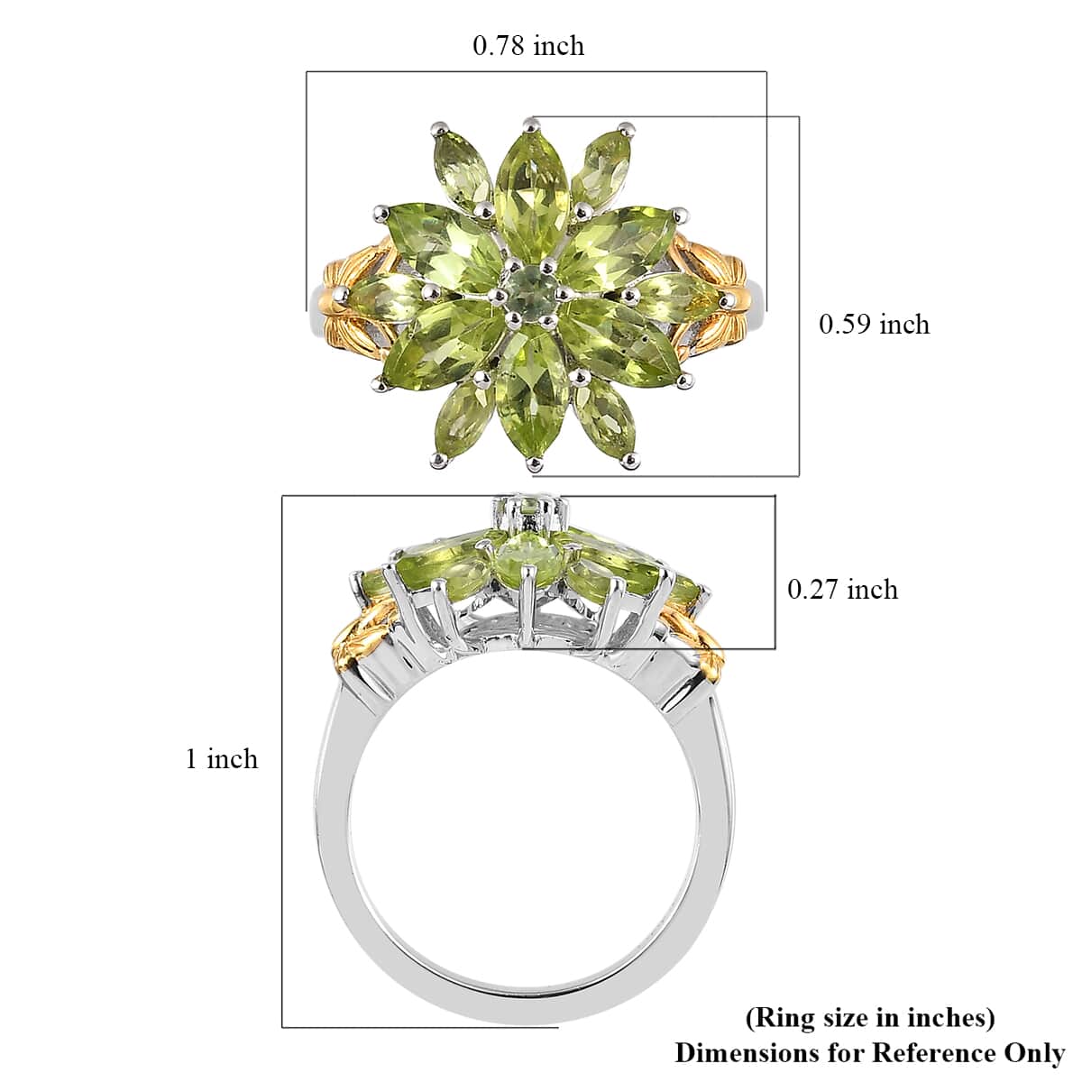 Premium Peridot Floral Ring in Vermeil Yellow Gold and Platinum Over Sterling Silver 2.20 ctw image number 5