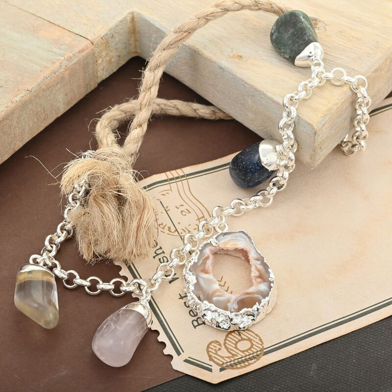 Made in Brazil Crazy Lace Agate and Multi Gemstone Bracelet in Silvertone (8-9In) 70.00 ctw