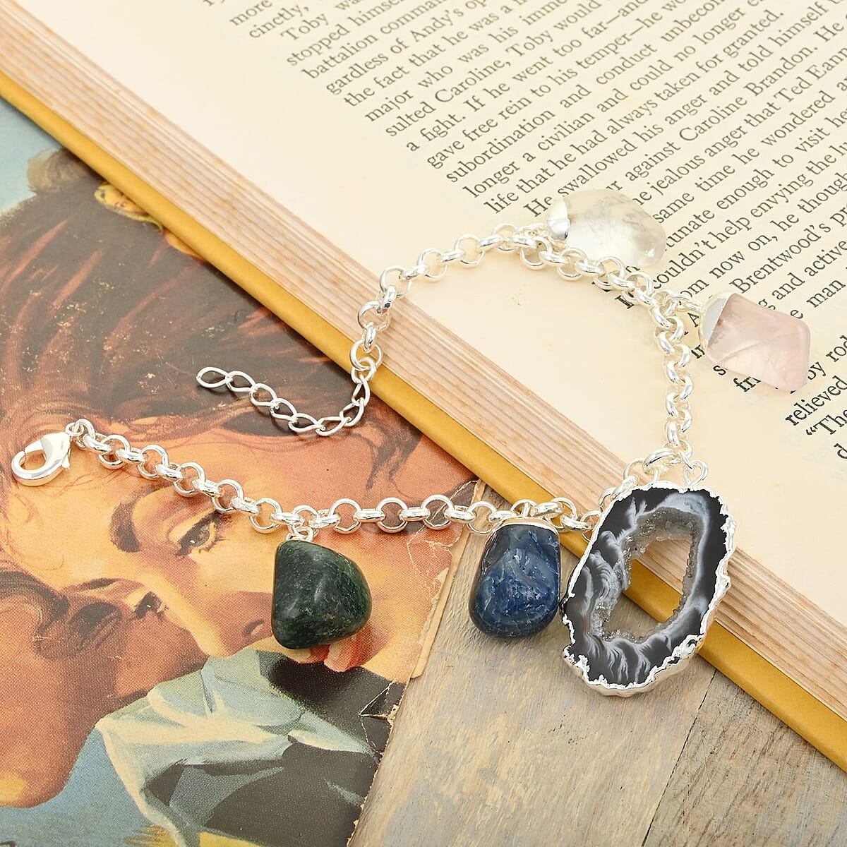 Made in Brazil Druzy Agate and Multi Gemstone Bracelet in Silvertone (8-9In) 68.00 ctw image number 1
