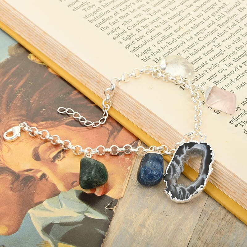 Made in Brazil Druzy Agate and Multi Gemstone Bracelet in Silvertone (8-9In) 68.00 ctw