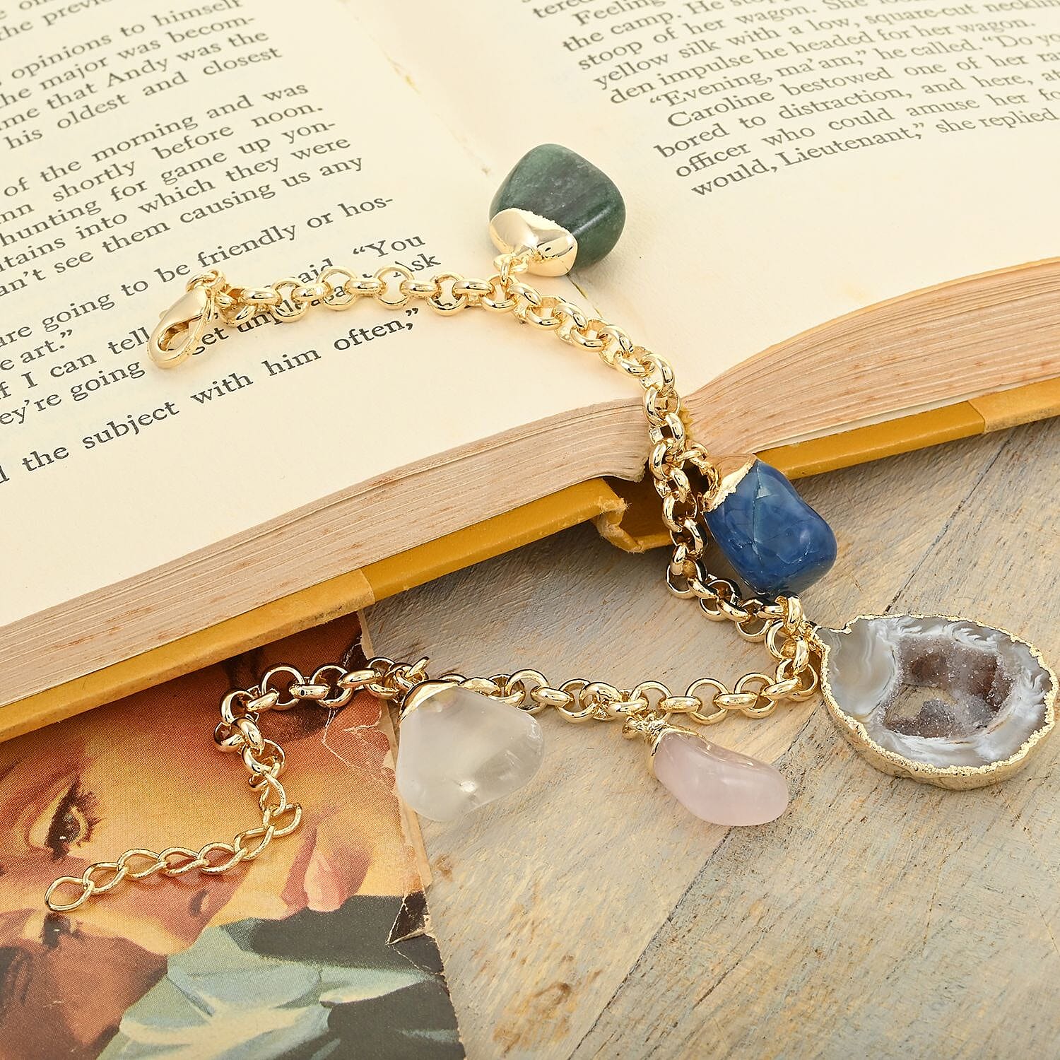 Made in Brazil Crazy Lace Agate and Multi Gemstone Bracelet in Goldtone (8-9In) 70.00 ctw