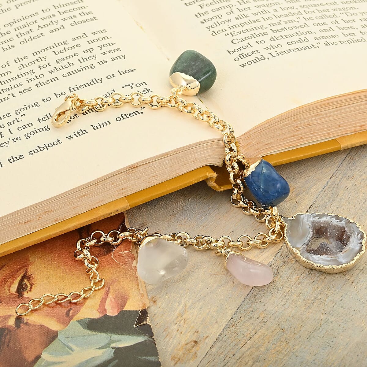 Made in Brazil Crazy Lace Agate and Multi Gemstone Bracelet in Goldtone (8-9In) 70.00 ctw image number 1