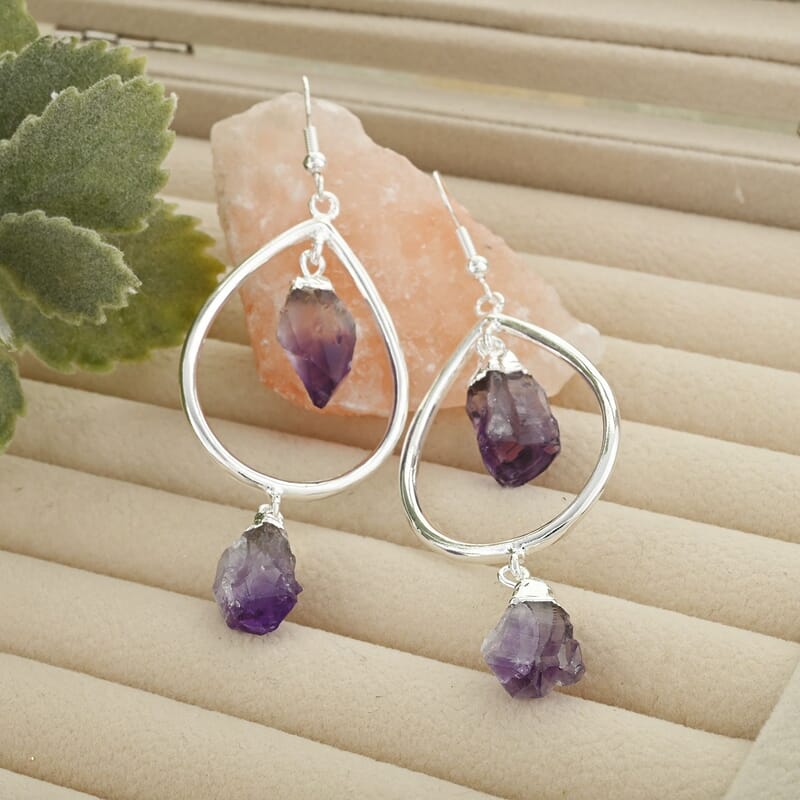 Amethyst Drop Earrings in Silvertone 39.00 ctw
