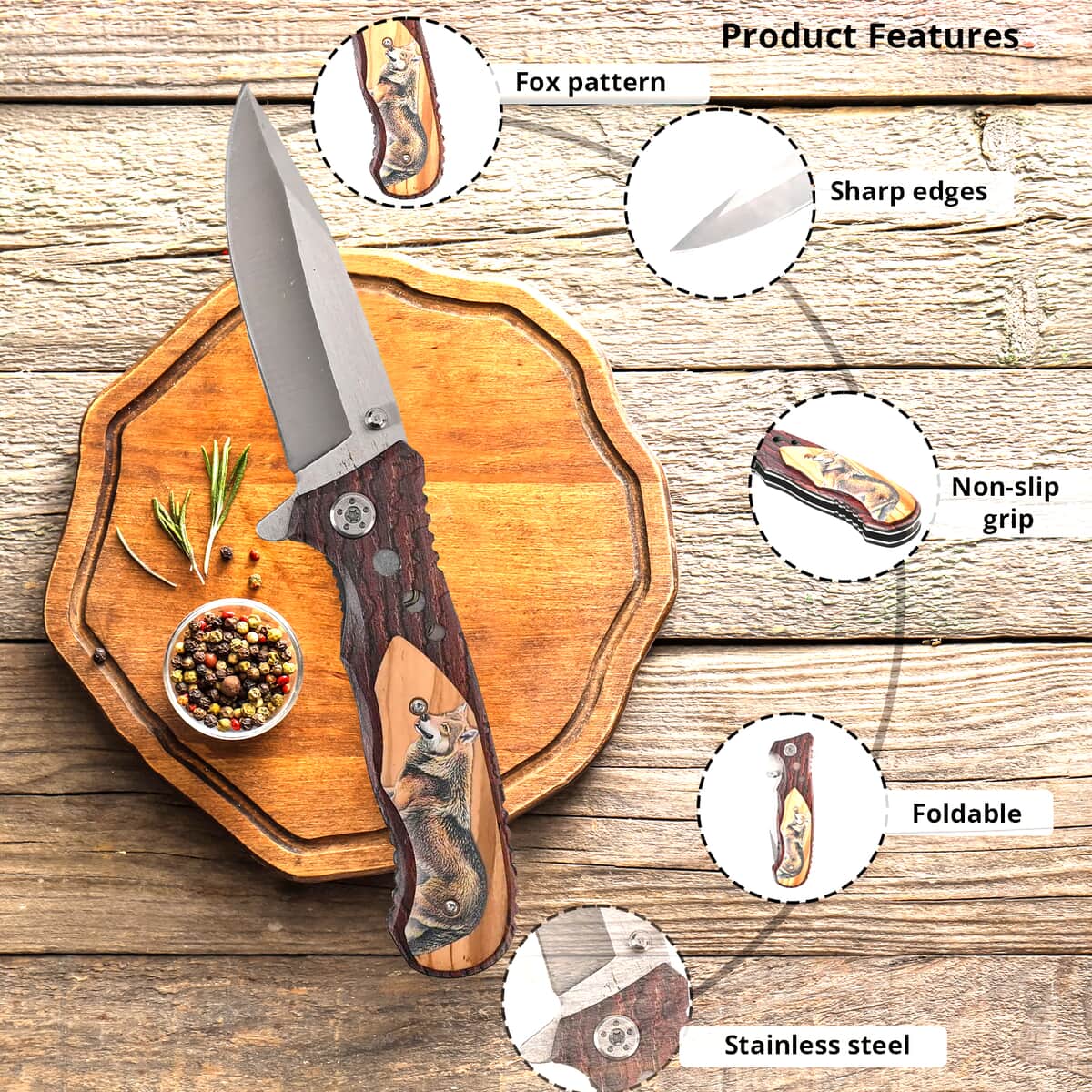 Brown Portable Folding Fox Printed Pattern Stainless Steel Knife image number 1