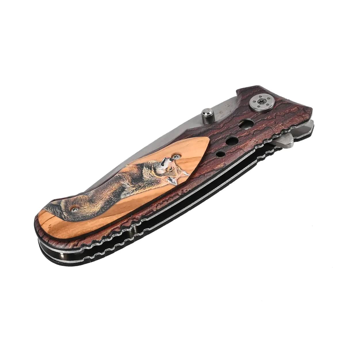 Brown Portable Folding Fox Printed Pattern Stainless Steel Knife image number 5