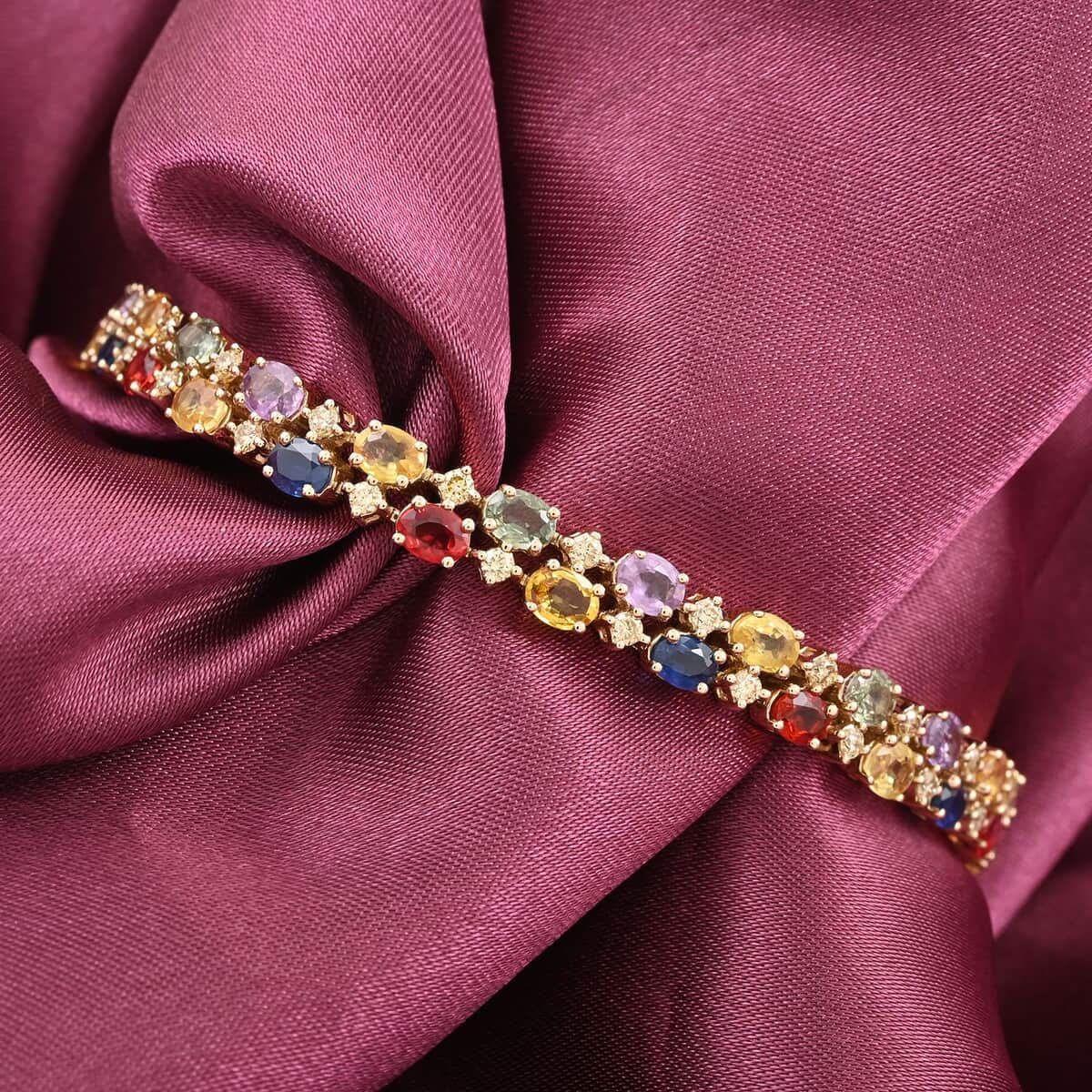 14K Yellow Gold Multi Sapphire and H-I SI2 Natural Yellow Diamond Bracelet (7.00 In) 12.25 Grams 7.40 ctw image number 1