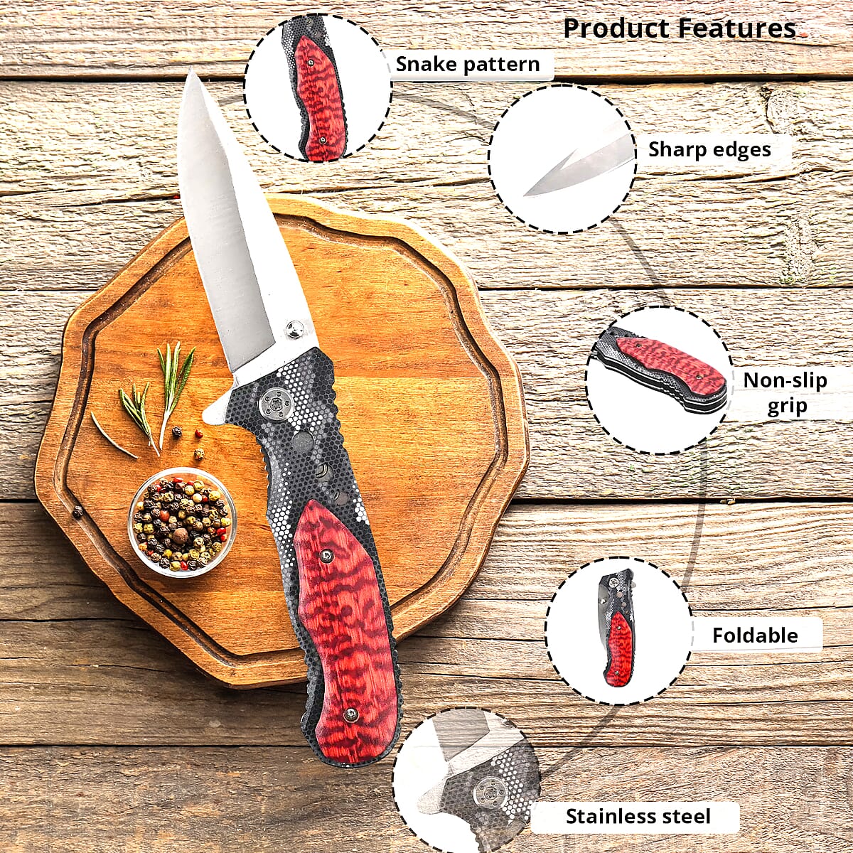 Red Portable Folding Beautiful Printed Pattern Stainless Steel Knife image number 1