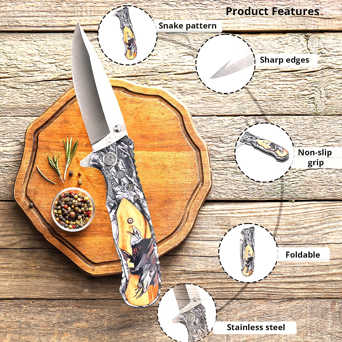 Orange and Gray Portable Folding Eagle Printed Pattern Stainless Steel Knife image number 1