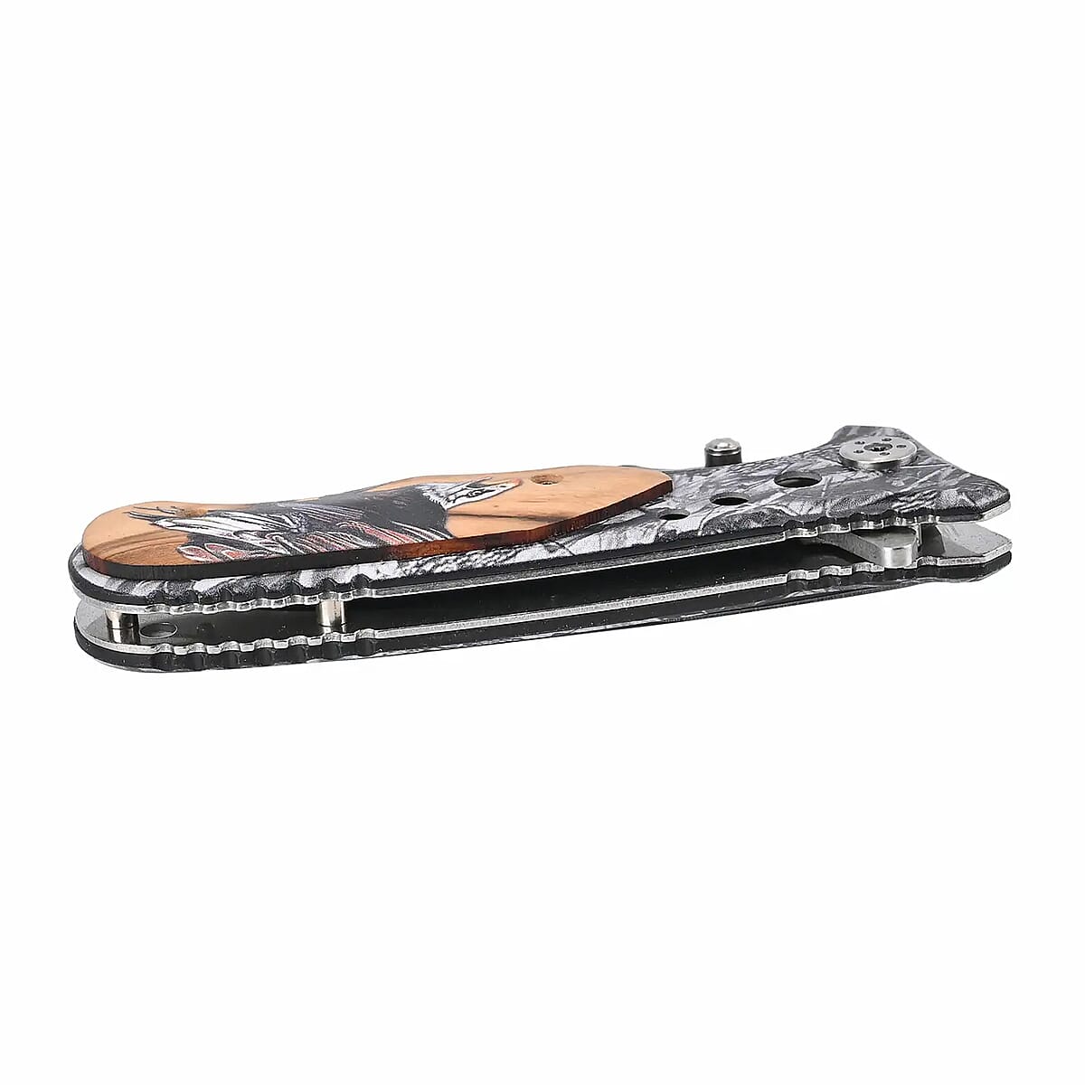 Orange and Gray Portable Folding Eagle Printed Pattern Stainless Steel Knife image number 5