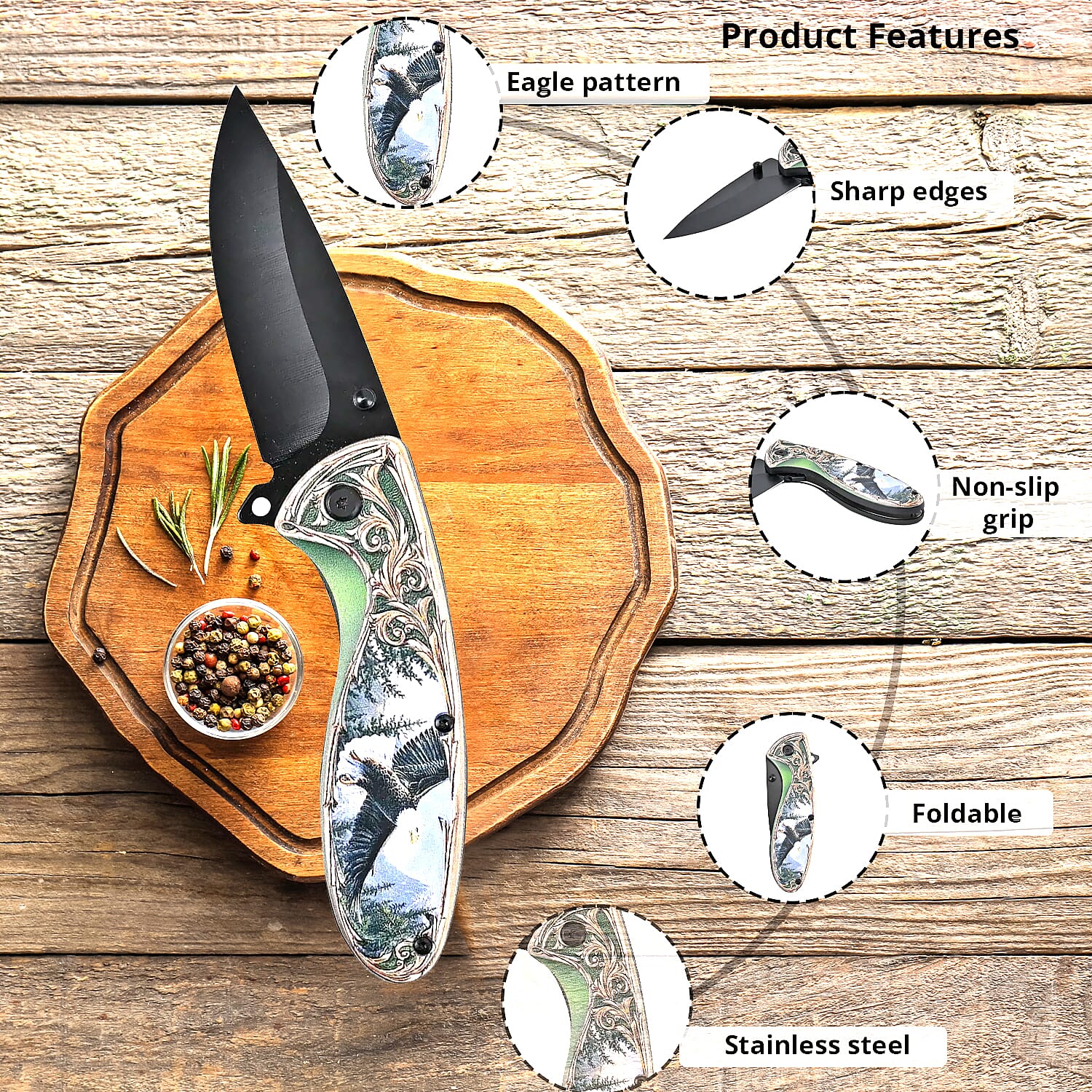 Portable Folding Eagle Printed Pattern Stainless Steel Knife