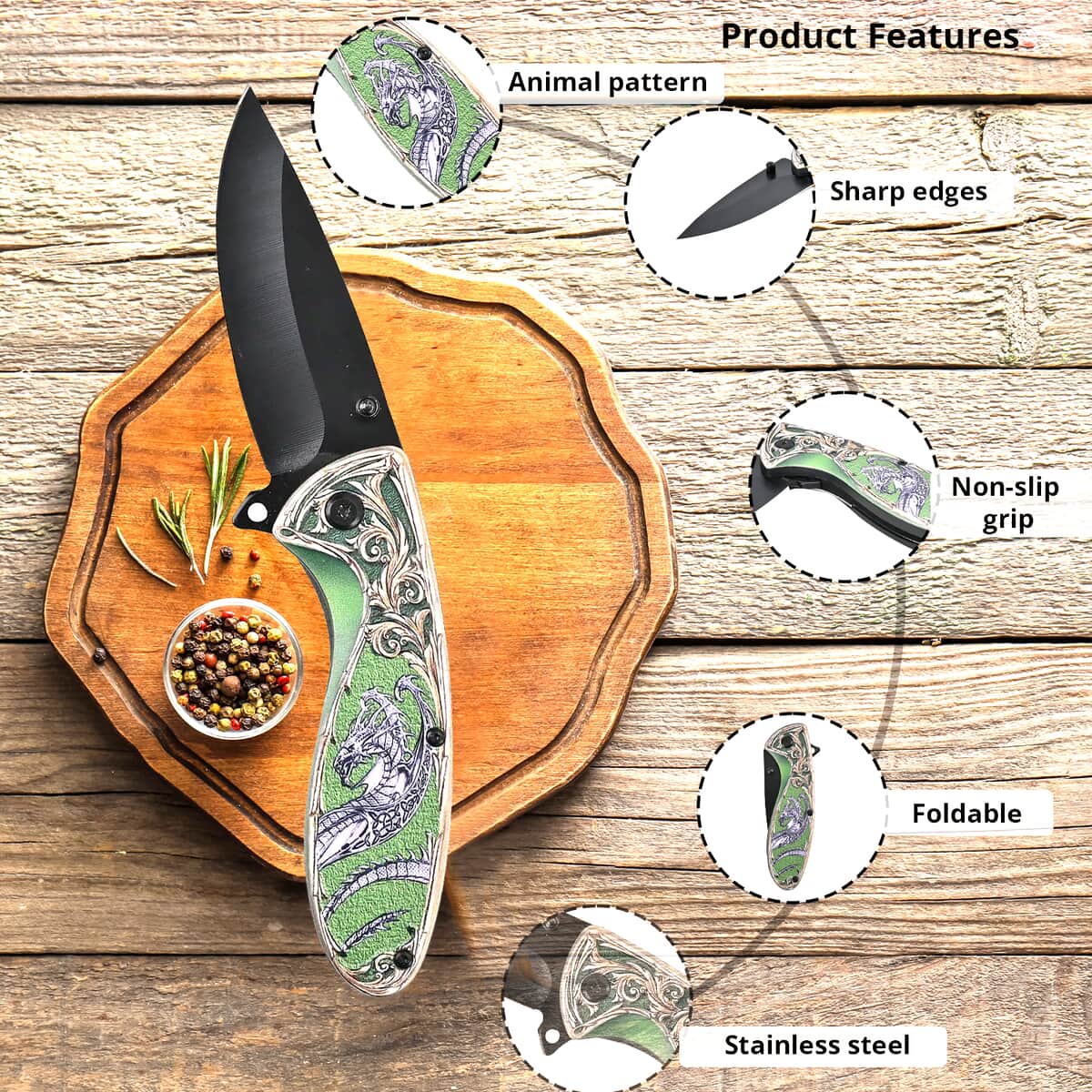 Portable Folding Animal Printed Pattern Stainless Steel Knife image number 1