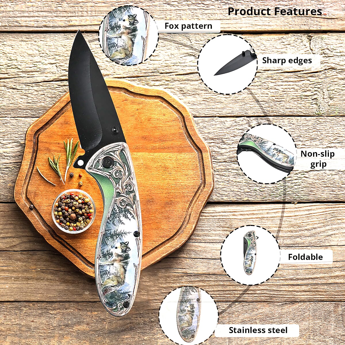 Portable Folding Wolf Printed Pattern Stainless Steel Knife image number 1