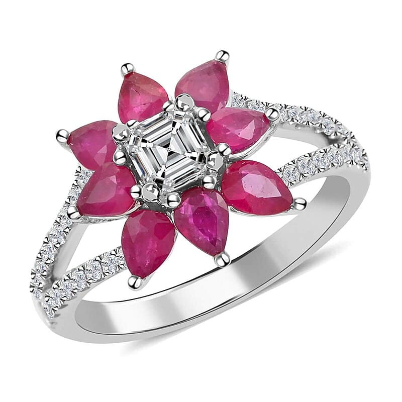 Modani 950 Platinum Ruby and G-H SI2-VS Diamond Floral Ring (Size 10.0) 6.15 Grams 2.00 ctw