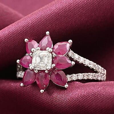 Modani 950 Platinum Ruby and G-H SI2-VS Diamond Floral Ring (Size 10.0) 6.15 Grams 2.00 ctw