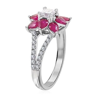 Modani 950 Platinum Ruby and G-H SI2-VS Diamond Floral Ring (Size 10.0) 6.15 Grams 2.00 ctw