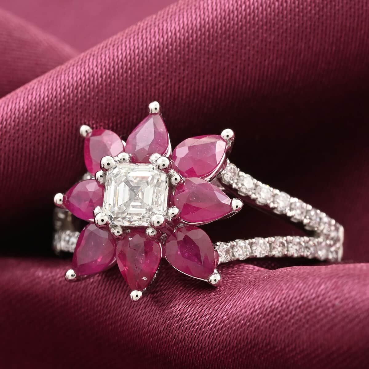 Modani 950 Platinum Ruby and G-H SI2-VS Diamond Floral Ring (Size 7.0) 6.15 Grams 2.00 ctw image number 1