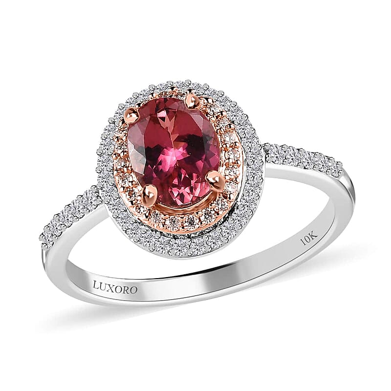 Luxoro 10K White and Rose Gold AAA Morro Redondo Pink Tourmaline and Moissanite Double Halo Ring (Size 10.0) 1.40 ctw