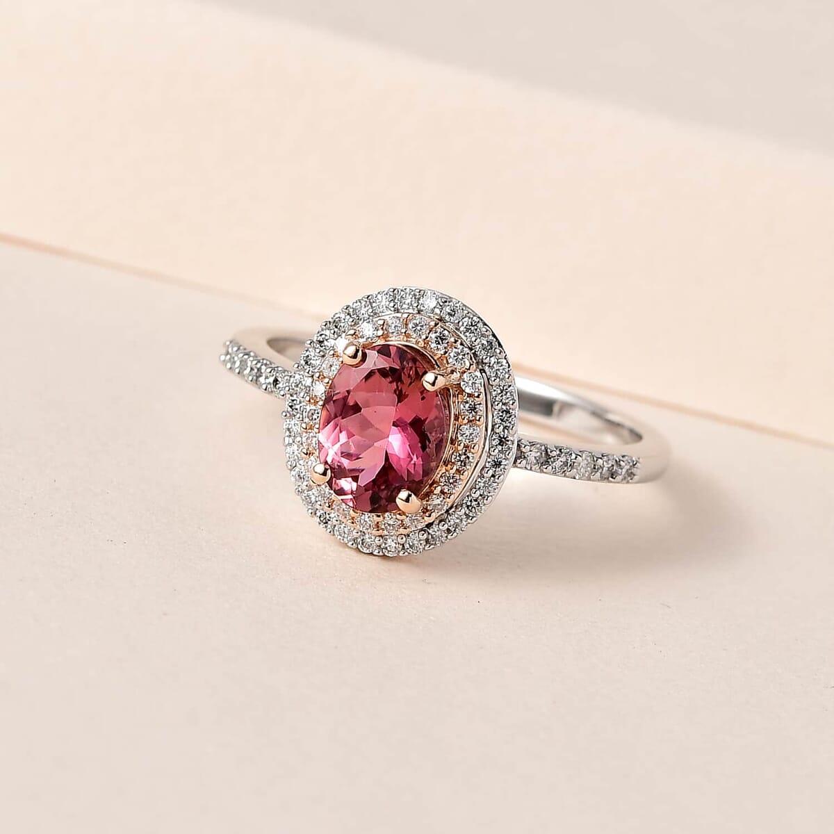 Luxoro 10K White and Rose Gold AAA Morro Redondo Pink Tourmaline and Moissanite Double Halo Ring (Size 6.0) 1.40 ctw image number 1