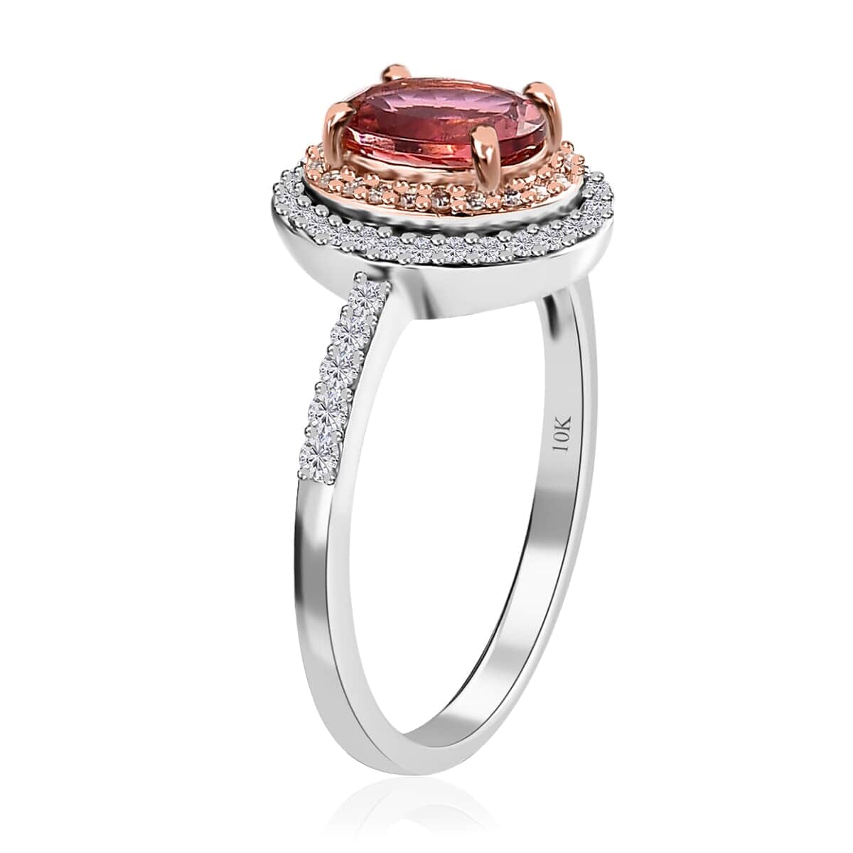 Luxoro 10K White and Rose Gold AAA Morro Redondo Pink Tourmaline and Moissanite Double Halo Ring (Size 6.0) 1.40 ctw image number 3