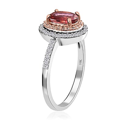 Luxoro 10K White and Rose Gold AAA Morro Redondo Pink Tourmaline and Moissanite Double Halo Ring (Size 10.0) 1.40 ctw