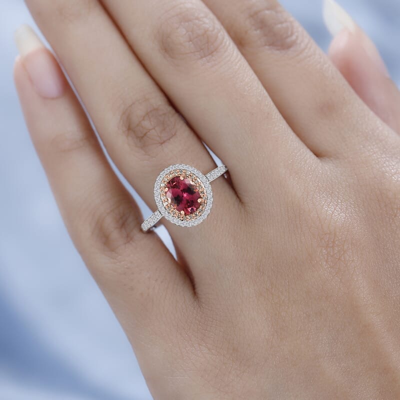 Luxoro 10K White and Rose Gold AAA Morro Redondo Pink Tourmaline and Moissanite Double Halo Ring (Size 7.0) 1.40 ctw