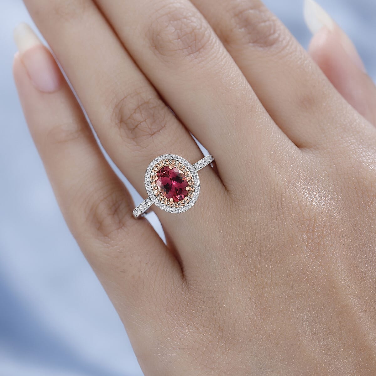 Luxoro 10K White and Rose Gold AAA Morro Redondo Pink Tourmaline and Moissanite Double Halo Ring (Size 8.0) 1.40 ctw image number 2