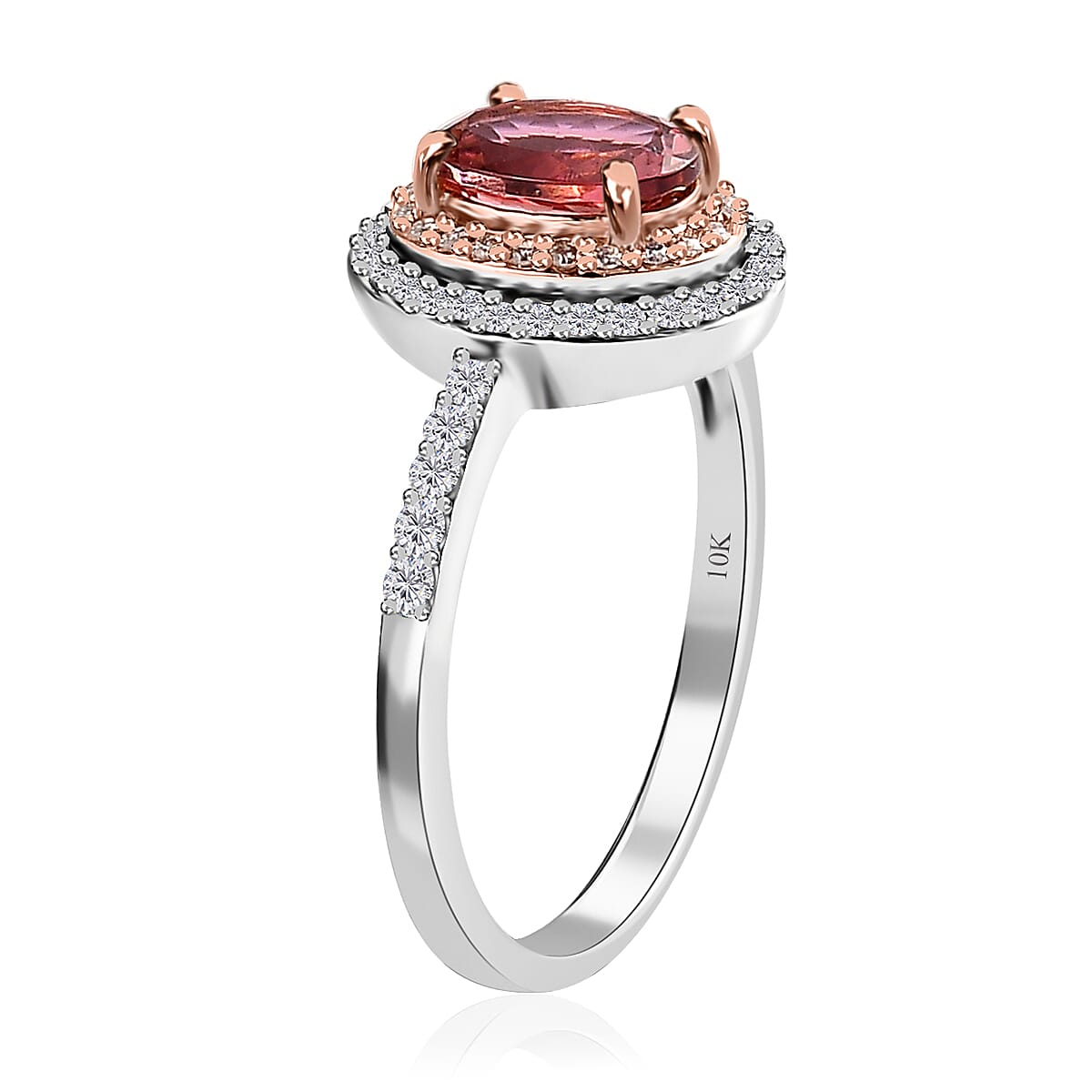 Luxoro 10K White and Rose Gold AAA Morro Redondo Pink Tourmaline and Moissanite Double Halo Ring (Size 8.0) 1.40 ctw image number 3