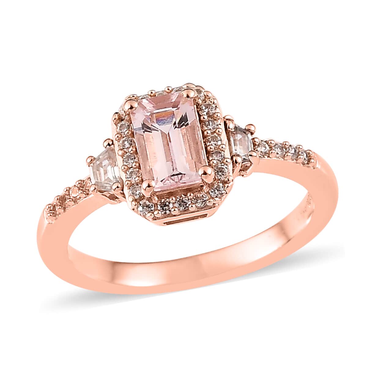 Premium Pink Morganite and White Zircon Halo Ring in Vermeil Rose Gold Over Sterling Silver 0.90 ctw image number 0