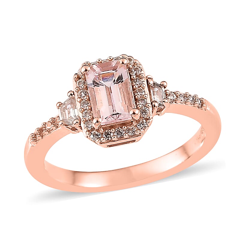 Premium Pink Morganite and White Zircon Halo Ring in Vermeil Rose Gold Over Sterling Silver (Size 10.0) 0.90 ctw
