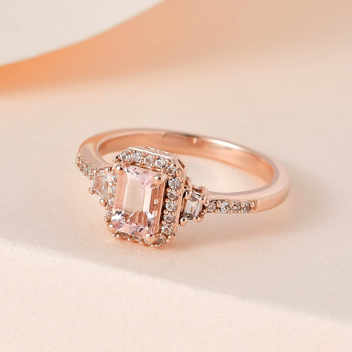 Premium Pink Morganite and White Zircon Halo Ring in Vermeil Rose Gold Over Sterling Silver 0.90 ctw image number 1