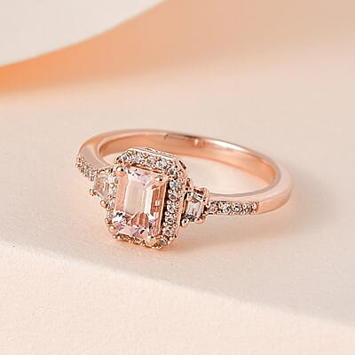 Premium Pink Morganite and White Zircon Halo Ring in Vermeil Rose Gold Over Sterling Silver (Size 10.0) 0.90 ctw