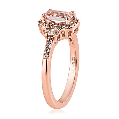 Premium Pink Morganite and White Zircon Halo Ring in Vermeil Rose Gold Over Sterling Silver (Size 10.0) 0.90 ctw