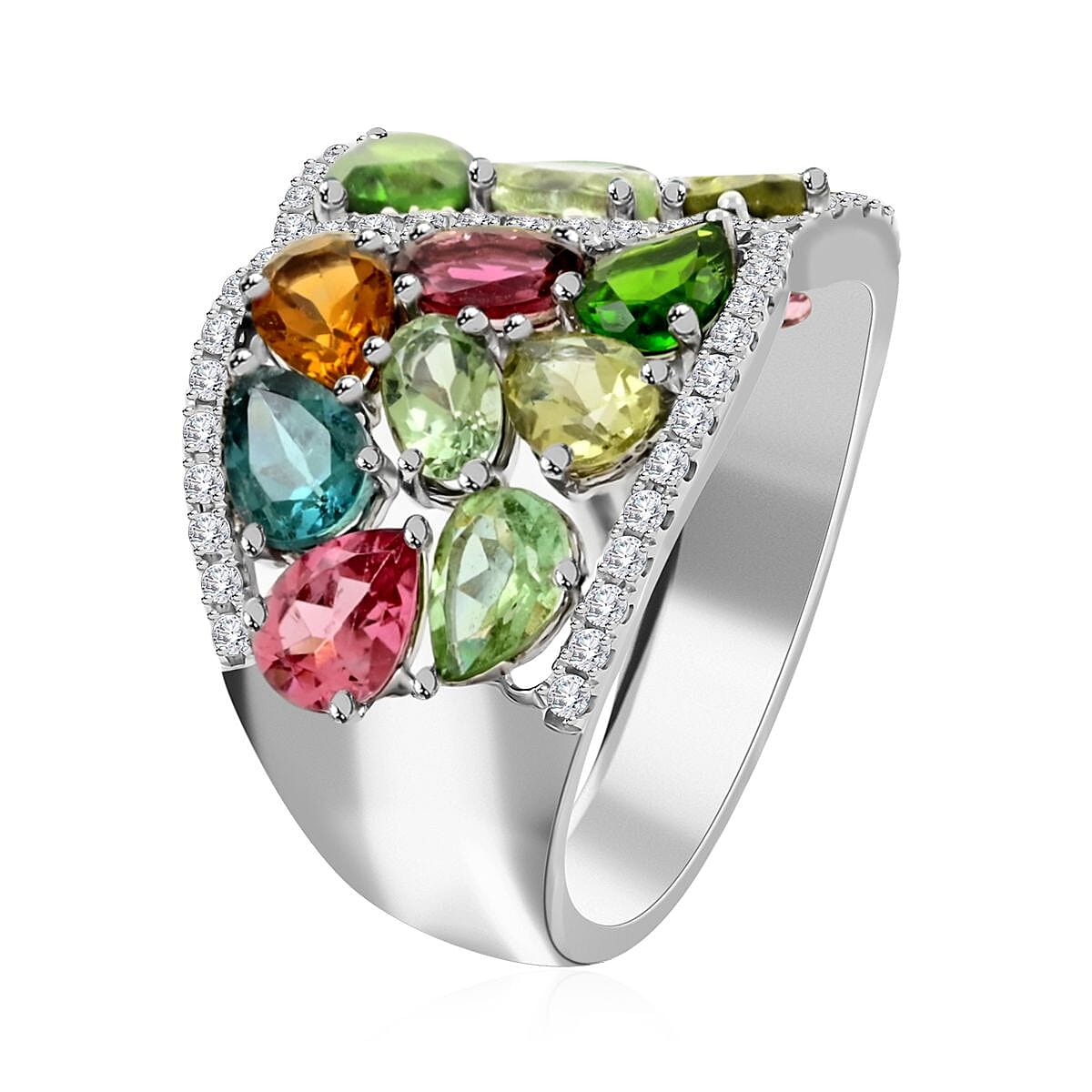 Modani 14K White Gold Multi-Tourmaline Diamond Ring (Size 8.0) 5.60 Grams 4.35 ctw image number 3