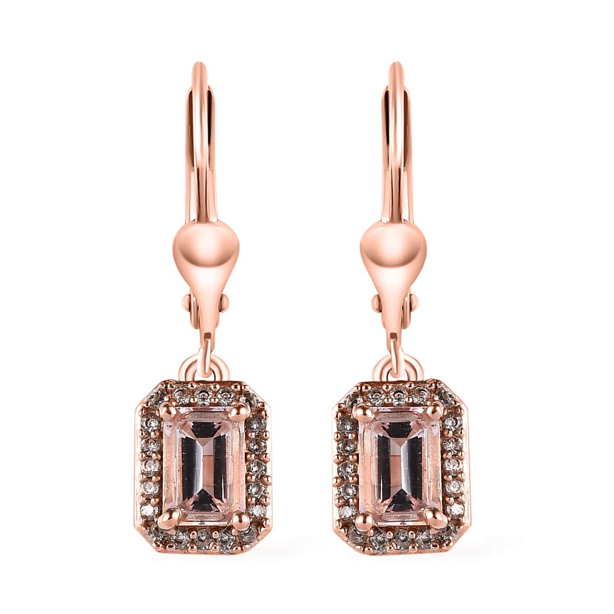 Premium Pink Morganite and White Zircon Lever Back Earrings in Vermeil Rose Gold Over Sterling Silver 1.35 ctw image number 0