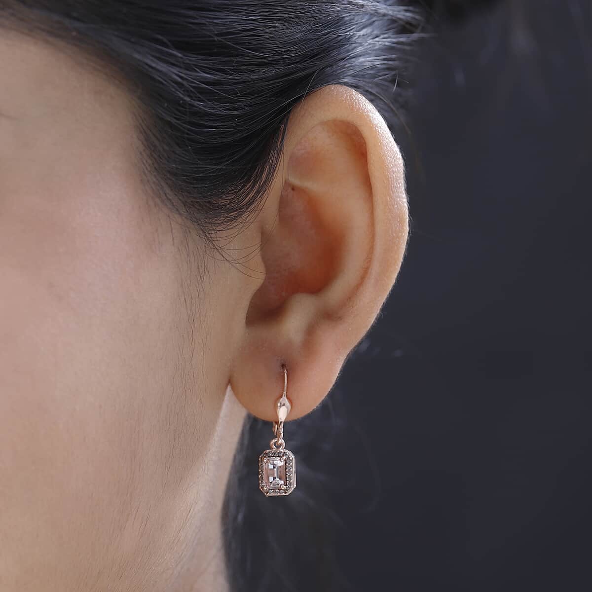 Premium Pink Morganite and White Zircon Lever Back Earrings in Vermeil Rose Gold Over Sterling Silver 1.35 ctw image number 2