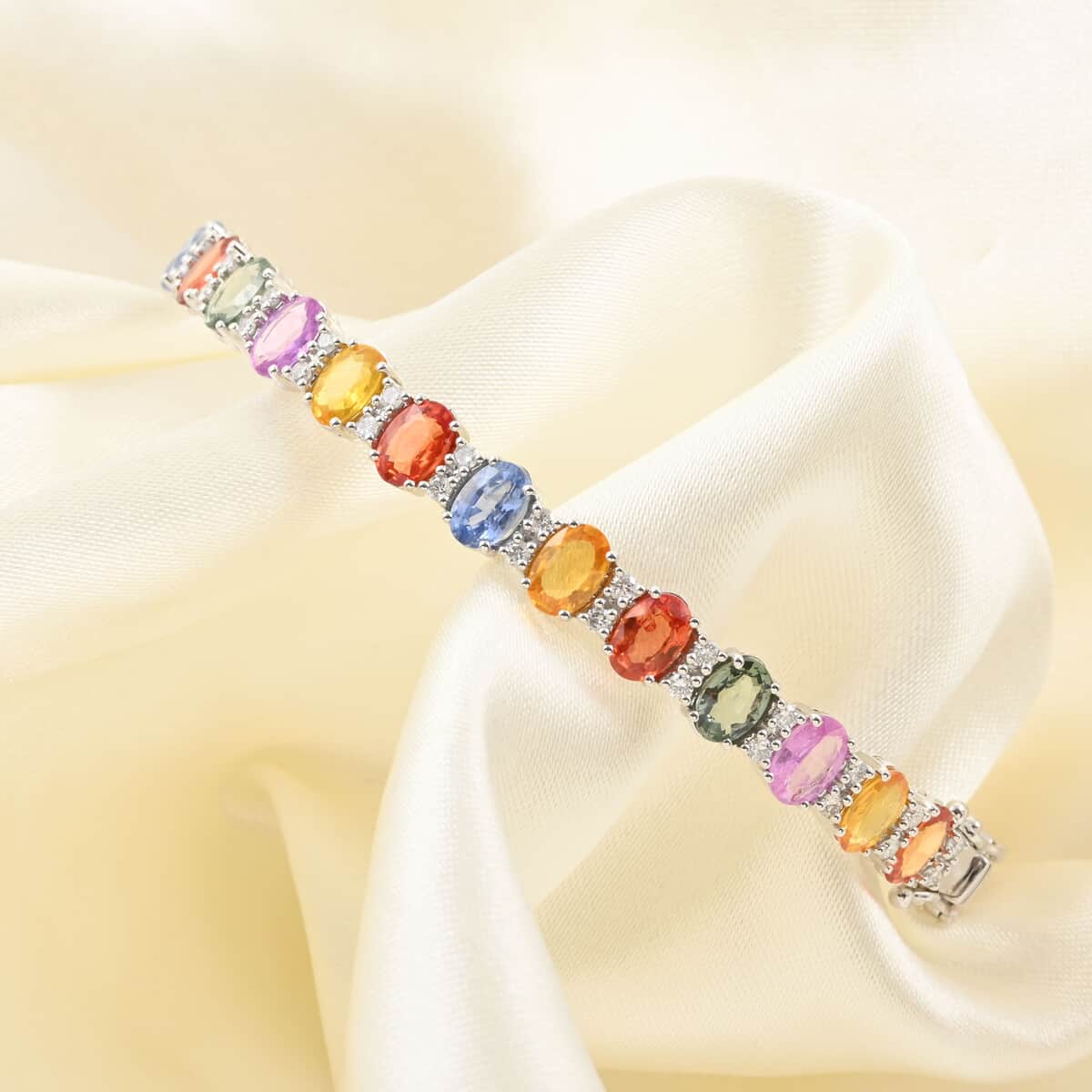 14K White Gold Multi Sapphire and H-I SI2 Diamond Bangle Bracelet (7.50 In) 10.35 Grams 9.10 ctw image number 0